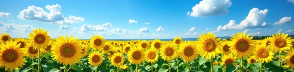 Fototapeta premium Vibrant yellow sunflowers bloom under a vast blue sky , happy, agriculture, meadow