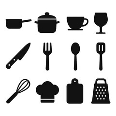 調理器具とキッチンツールのシルエットアイコンセット Silhouette icon set of kitchen utensils and cooking tools
