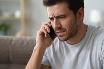 Unhappy man worried call sitting couch close up. Upset guy talking mobile phone