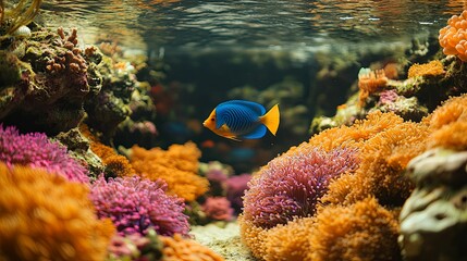 Fototapeta premium Vibrant coral reef aquarium showcases a blue and yellow angelfish.
