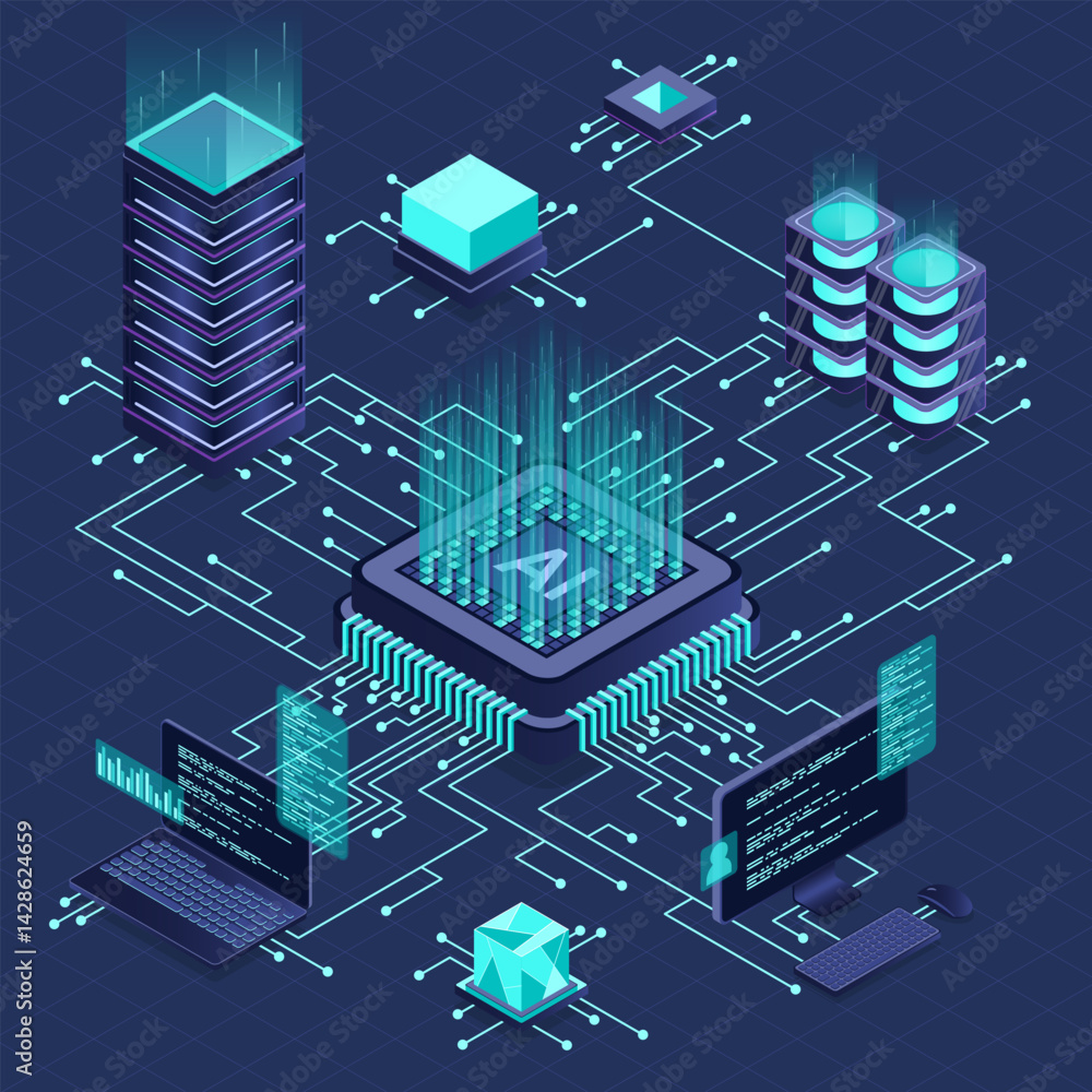 Poster isometric artificial intelligence chip concept. artificial intelligence server. futuristic microchip