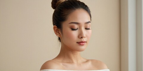 Serene Elegance: High-Resolution Beauty Portrait of a Peaceful Woman with Flawless Skin & Natural Grace