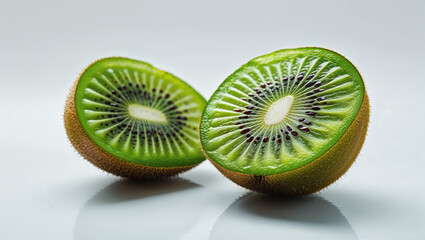 Sliced Kiwi Fruit Halves Displaying Seeds And Texture On A White Surface