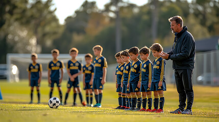 Youth soccer team listens attentively to their coach during an outdoor training session.