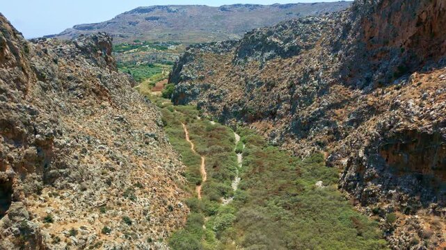 Aerial view of the rugged Zakros Gorge (Gorge of the Dead) in Crete, Greece.