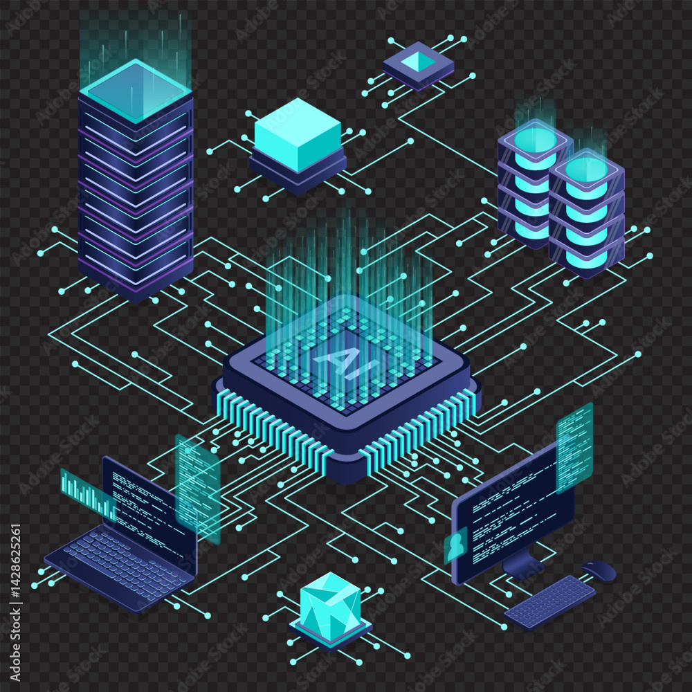 Poster isometric artificial intelligence chip concept. artificial intelligence server. futuristic microchip