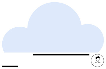 Blue cloud shape with horizontal lines and small user profile icon in black outline. Ideal for data storage, user access, network, technology, minimalism, connectivity, simple landing page