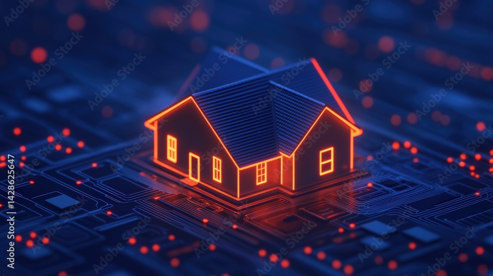 Poster a futuristic smart home model on a digital infrastructure with circuit patterns representing connect