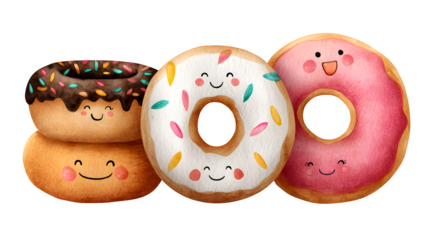 kawaii donut family with sprinkles, all smiling, watercolor style