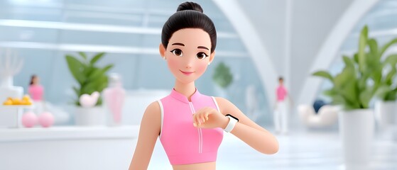 Health tracking action fitness center animated character modern environment inspirational viewpoint wellness concept