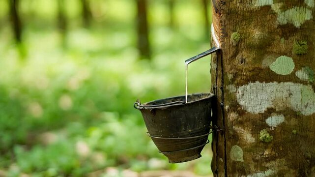 Tapping trees for sap collection in a lush forest environment on a sunny day