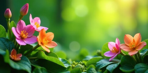 Obraz premium Vibrant spring flowers, swirling leaves, green hues , image, colorful, graphic