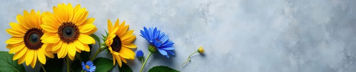Obraz premium Vibrant sunflowers & blue cornflowers, grey textured background, bold, nature, wildflowers