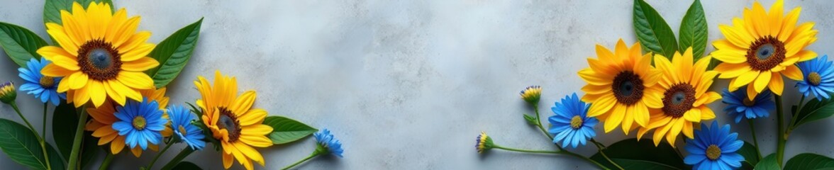 Fototapeta premium Vibrant sunflowers & blue cornflowers, grey textured background, yellow, garden