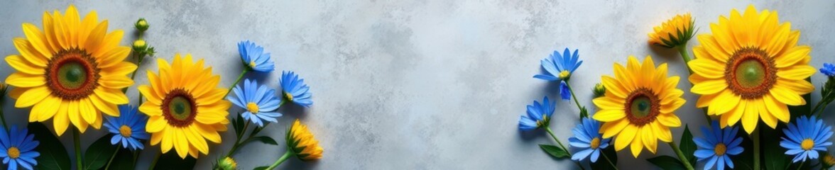 Obraz premium Vibrant sunflowers & blue cornflowers, grey textured background, colorful, flowers, summer