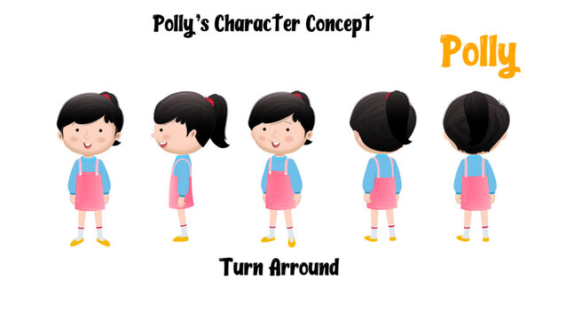 A girl cartoon character model sheet for animation. Girl turn around cartoon illustration