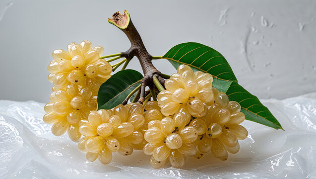 Tropical Rambai Fruit Bunch With Branch And Leaves On A White Background