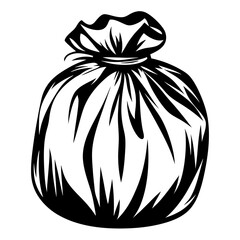 Monochrome illustration of a tied bag, resembling trash or mysterious contents