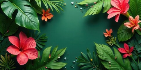 Obraz premium Vibrant tropical foliage, lush greens & exotic blooms in a clean studio , exotic, plant, flowers