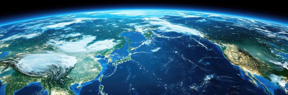 Satellite view of Earth's eastern coastlines, showcasing landmasses, oceans, and cloud formations - Powered by Adobe