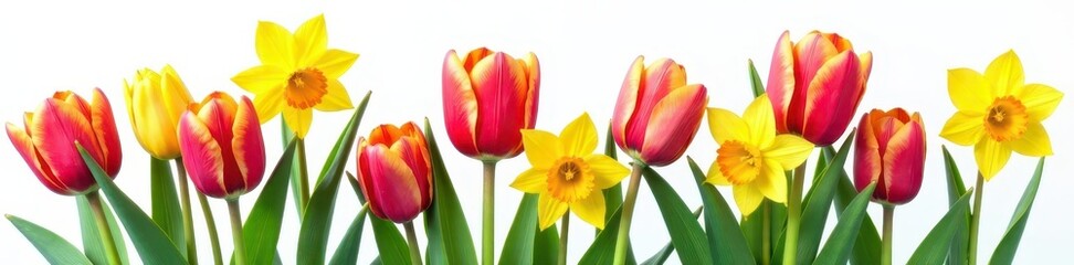 Fototapeta premium Vibrant tulips, daffodils, hyacinths, isolated on pure white background , isolated flowers, springtime