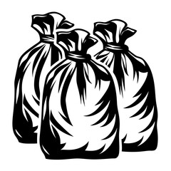 Three full trash bags illustrated in black and white with expressive lines