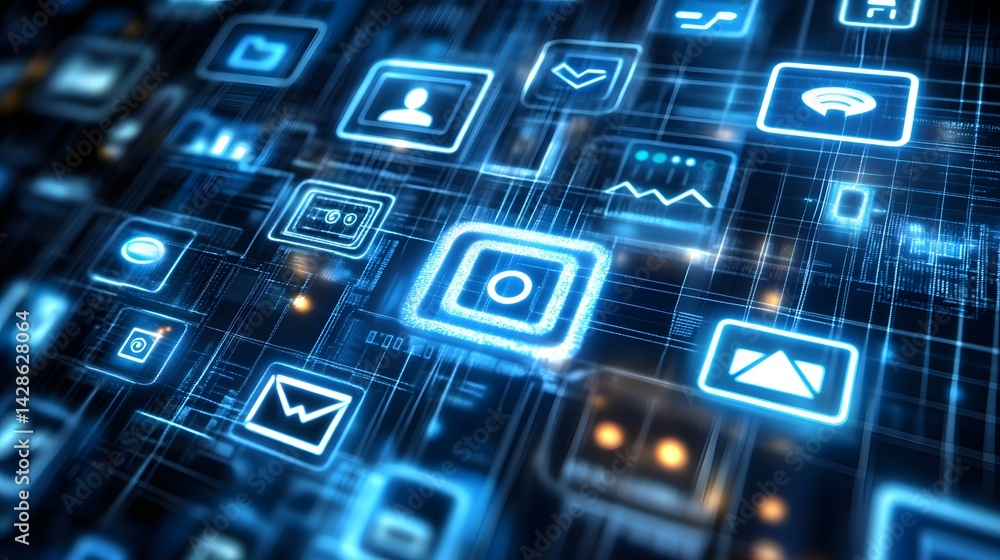 Poster cybernetic symphony: illuminated digital icons cascade across a vibrant network, hinting at a world 