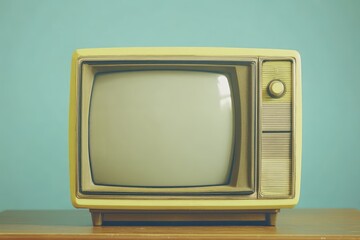 Vintage yellow television set sits on a wood surface against a teal wall