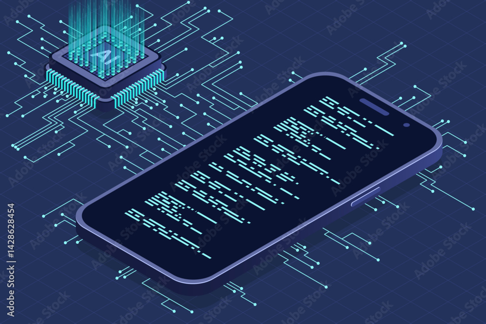 Poster isometric smartphone with ai. artificial intelligence and smartphone concept. smartphone with futuri