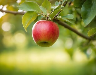 Single Red Apple Hanging on Branch with Green Leaves