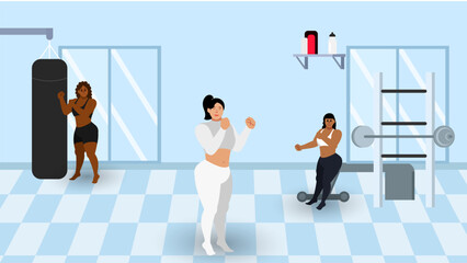 Obraz premium Flat illustration of black African-American man practicing boxing with Southeast Asian people in gym