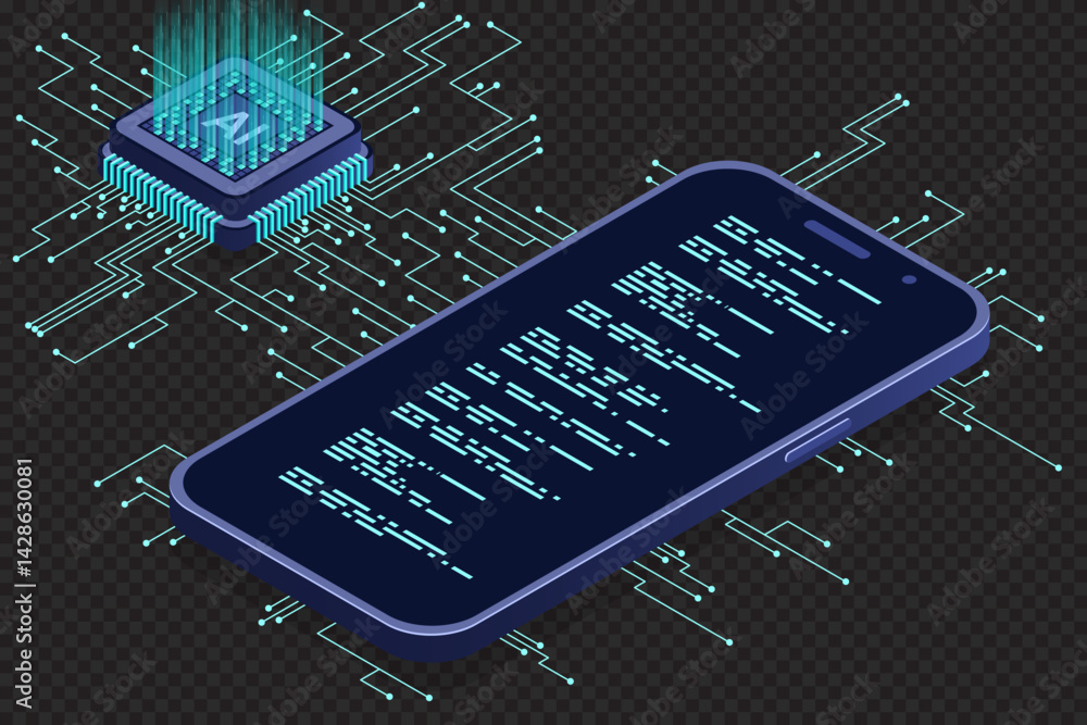 Poster isometric smartphone with ai. artificial intelligence and smartphone concept. smartphone with futuri
