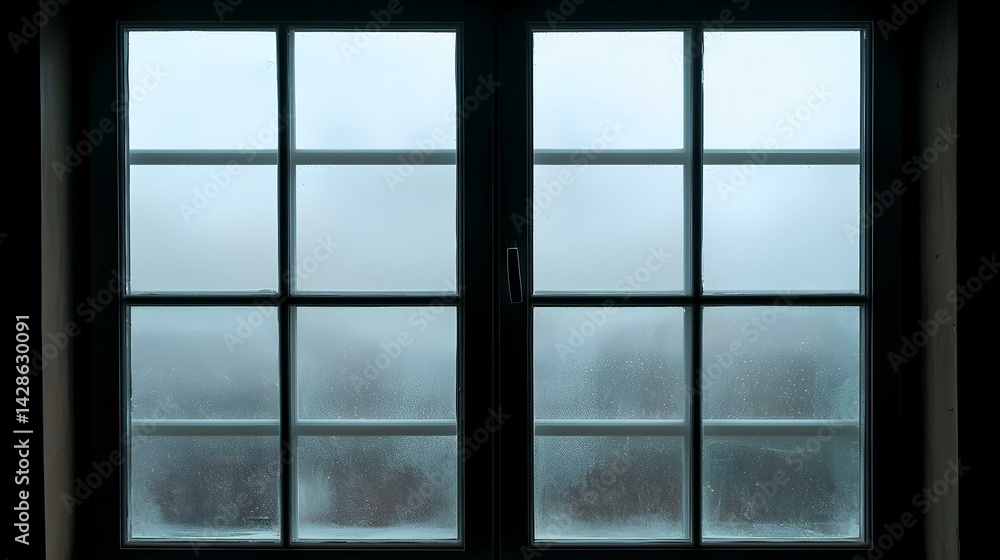 Poster a misty, foggy window pane with condensation, seen from inside a dark room. the window is old, with 