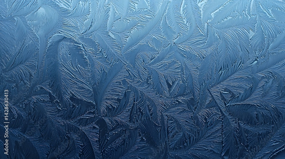 Poster stunning frosty window pane texture. intricate ice crystals create a mesmerizing blue pattern. perfe