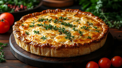 Golden chicken pot pie with a flaky crust on a dark wooden table