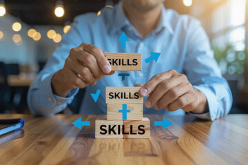 Man Builds Skills with Wooden Blocks on Desk

