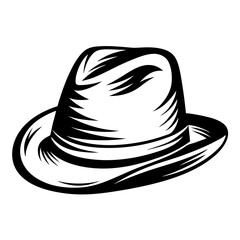 Monochrome illustration of a classic fedora hat with stylized linear details