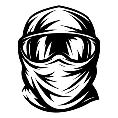Stylized Illustration of a Figure with Goggles and Mask in Black and White