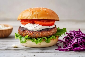 A chicken burger with red cabbage, tomato, and mayonnaise on the side, served on a light grey wooden table. Studio shot, low angle, side view, food 