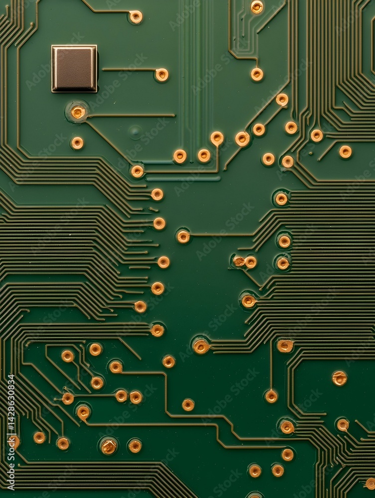 Poster close-up of a green circuit board with gold-colored pathways and components. perfect for tech, elect