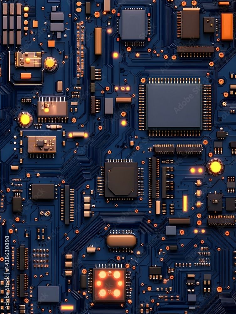 Poster close-up shot of a detailed circuit board with glowing components, showcasing intricate circuitry an