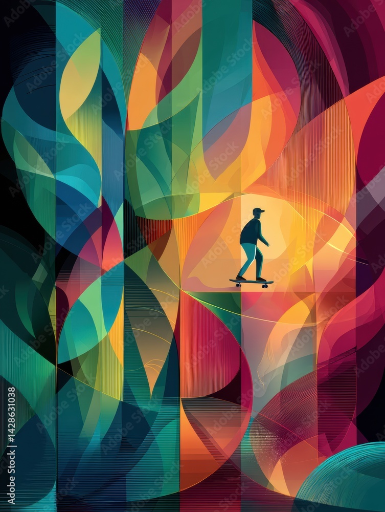 Aufkleber skateboarder navigates vibrant abstract shapes with speed in a dynamic urban environment