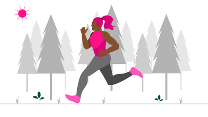Flat illustration showing a woman with medium skin tone running through a stylized winter forest with grey and white pine trees and patches of snow.
