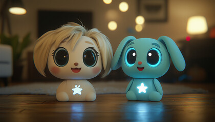 Obraz premium Two cute, glowing toy characters with oversized eyes sit together on a wooden floor, illuminated by soft ambient lighting in a cozy room.