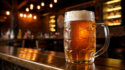 Cold Beer in steam mug foam overflowing, dark Restaurants background