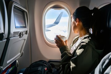 Young Asian female tourist traveling alone on a plane is drinking hot coffee and looking out the window.