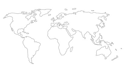 Simple world map outline with North and South America, Europe and Asia, Africa and Australia. World map on white background.