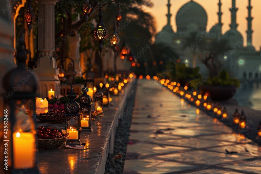 Poster moroccan lanterns and candles line the walkways of a grand mosque at dusk, creating a serene atmosph