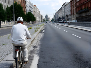 Naklejka premium Person riding a bike down a sunny street, with a casual outfit and helmet on.