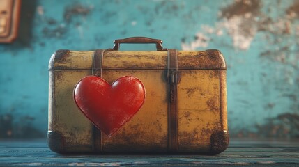Vintage Suitcase with Heart Symbol on Rustic Wooden Background